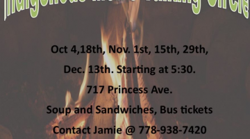 A poster with a fire in the background and Indigenous Men's Talking Circle in green. Event information is listed below
